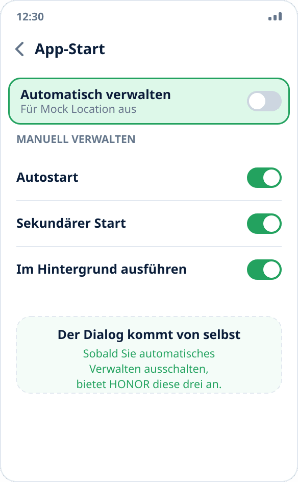 App-Start-Verwaltung bei HONOR: manueller Modus mit aktiviertem automatischem Start, sekundärem Start und Ausführung im Hintergrund