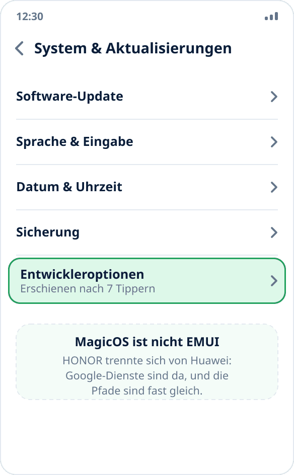 Der Bereich „System & Aktualisierungen“ bei HONOR: „Entwickleroptionen“ nach dem Aktivieren des Modus