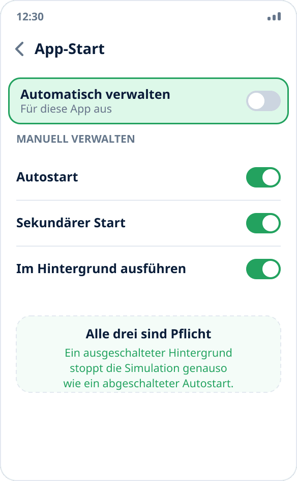 Huawei-Einstellungen: Automatisches Verwalten ist für Mock Location aus, drei Schalter sind an