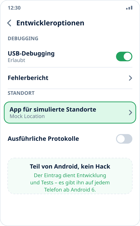 Der Eintrag „App für simulierte Standorte auswählen“ in den Android-Entwickleroptionen – dort, wo auch USB-Debugging ist