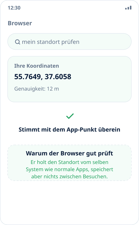 Standortprüfung im Browser: Die Seite zeigt Koordinaten, die mit dem gewählten Punkt übereinstimmen