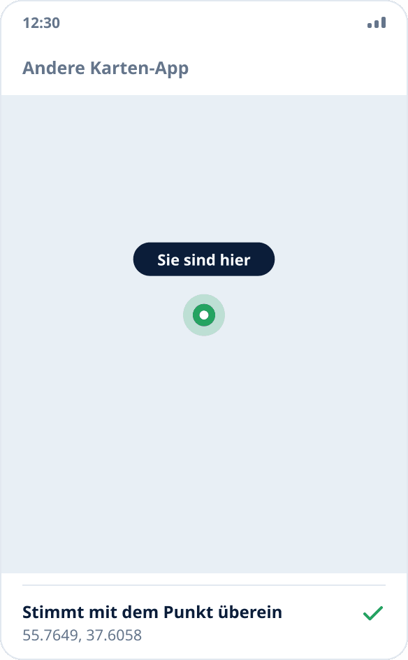 Eine andere Karten-App zeigt den Standort am simulierten Punkt – die Simulation funktioniert