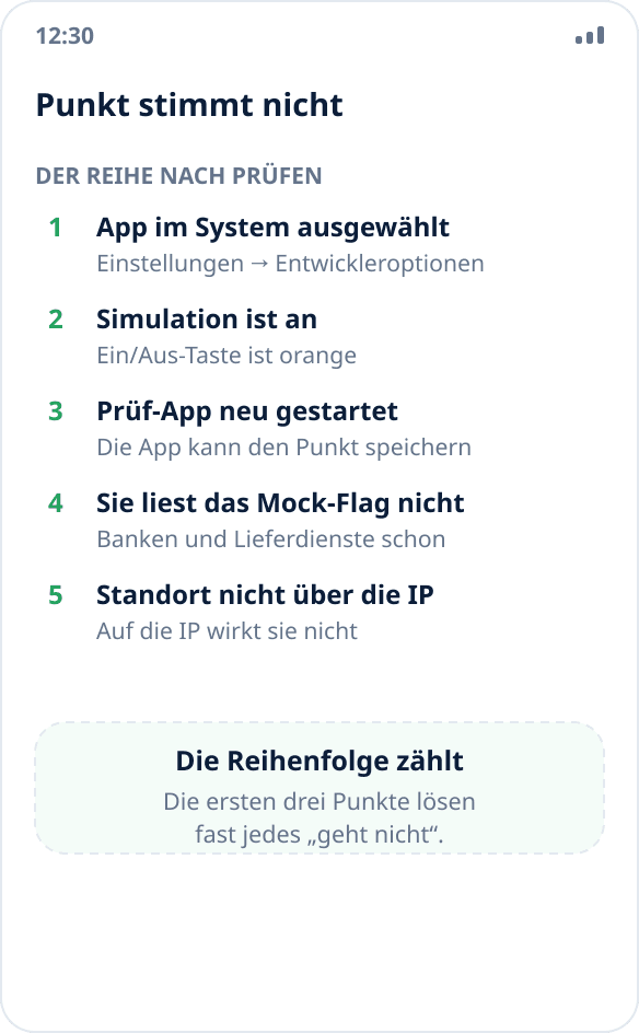 Eine App zeigt den echten statt des simulierten Standorts: Liste der Ursachen, die zu prüfen sind