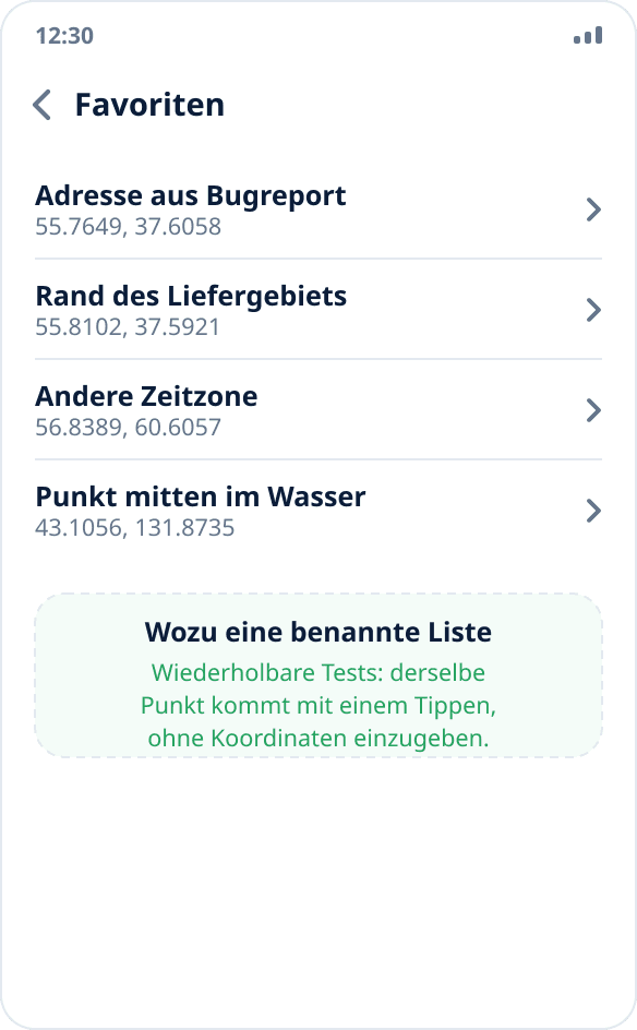 Favoritenliste in Mock Location: ein Satz Referenzpunkte für wiederholbare Testläufe