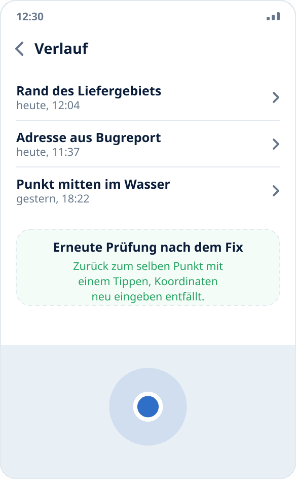 Startverlauf in Mock Location: Zu einem Punkt aus einem früheren Testlauf kehren Sie mit einem Tippen zurück