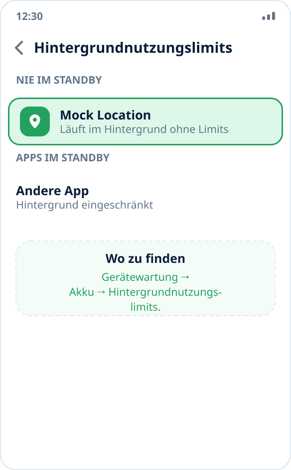 Samsung-Einstellungen: Mock Location ist in der Liste „Nie im Standby“ für die Hintergrundnutzung