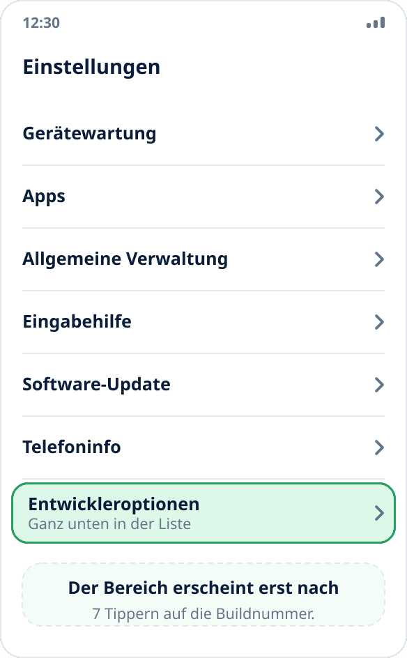 Hauptliste der Samsung-Einstellungen: „Entwickleroptionen“ steht ganz unten