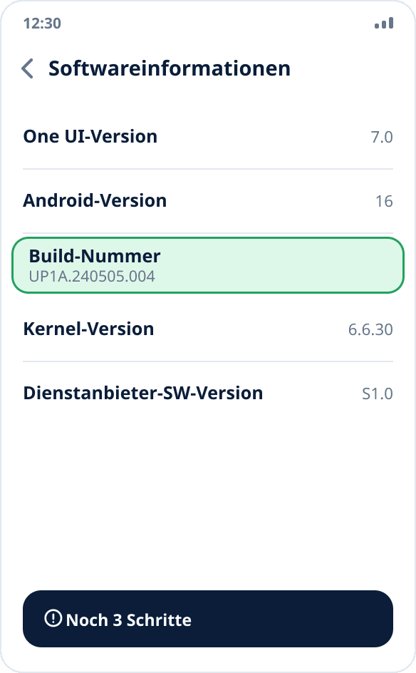 Der Bildschirm „Softwareinformationen“ bei Samsung: Hervorgehoben ist die „Buildnummer“, auf die man siebenmal tippen muss