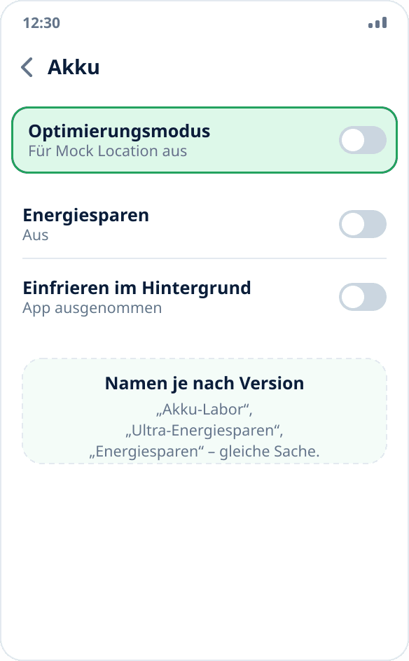 Akku-Einstellungen bei Tecno und Infinix: Optimierung und Energiesparen sind für die App ausgeschaltet