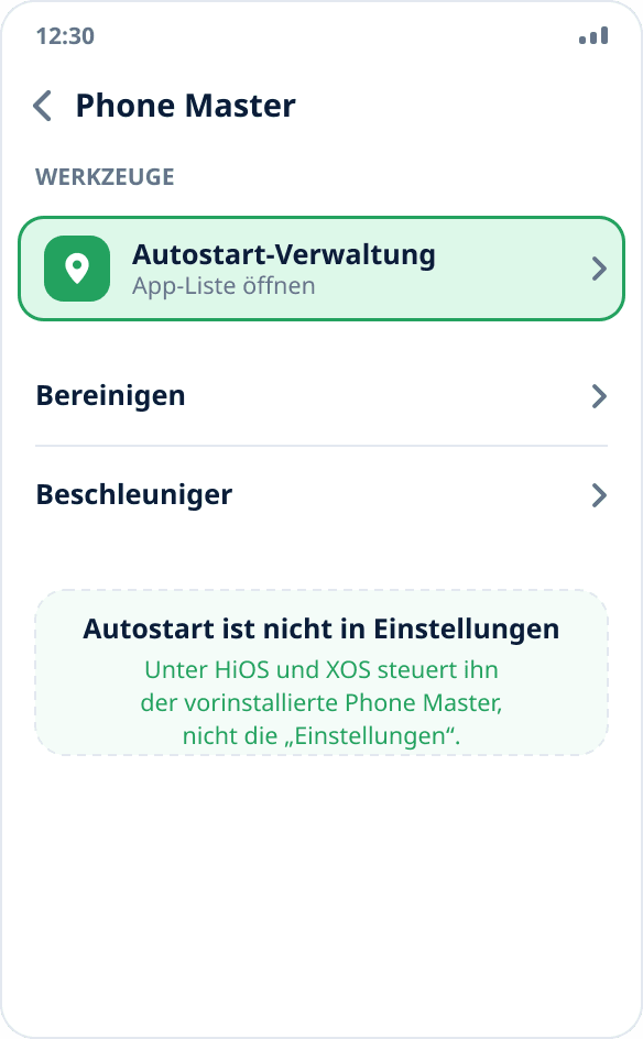 Die App Phone Master bei Tecno und Infinix: Bereich „Autostart-Verwaltung“ mit eingeschaltetem Schalter