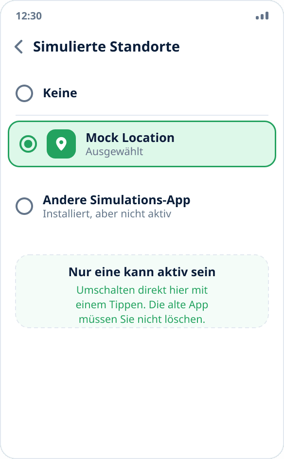 Liste der Apps für simulierte Standorte: zwei installiert, eine ausgewählt – das System erlaubt nur eine aktive