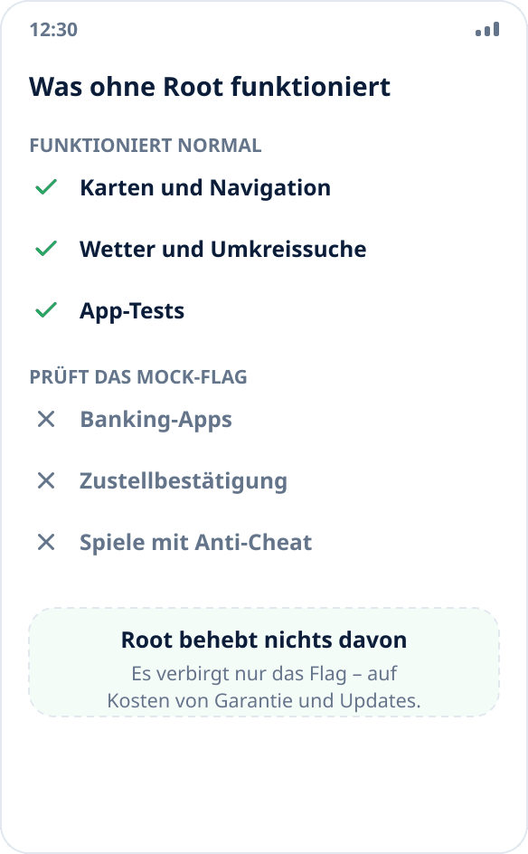 Vergleich der Szenarien: Karten, Wetter und Tests funktionieren ohne Root, Banking-Apps und Anti-Cheat-Systeme nicht