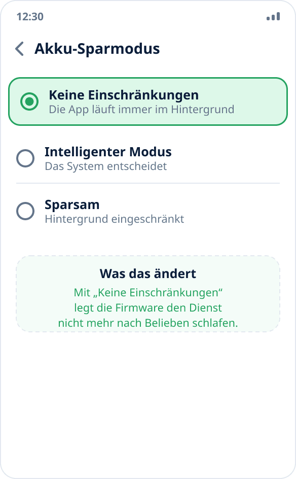 Auswahl des Akku-Sparmodus für die App: „Keine Einschränkungen“ ist markiert