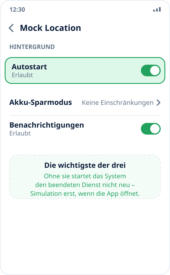 App-Bildschirm in den MIUI-Einstellungen: Der Schalter „Autostart“ ist an
