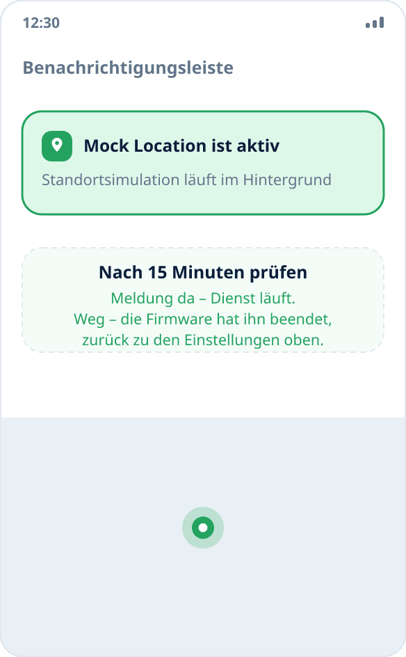 Dauerhafte Benachrichtigung von Mock Location in der Leiste: Die Standortsimulation läuft im Hintergrund