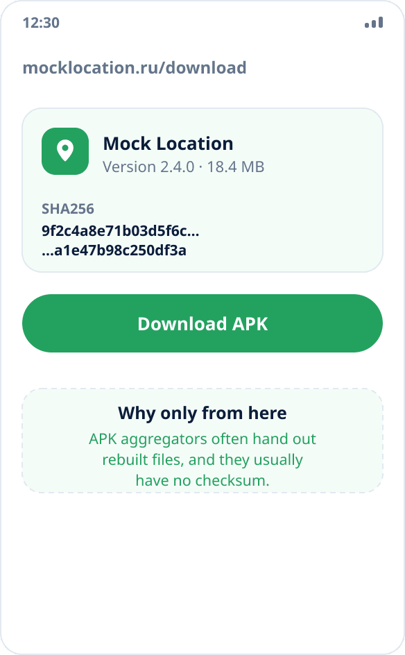 The download page on the website: version, file size and SHA256 checksum for verification