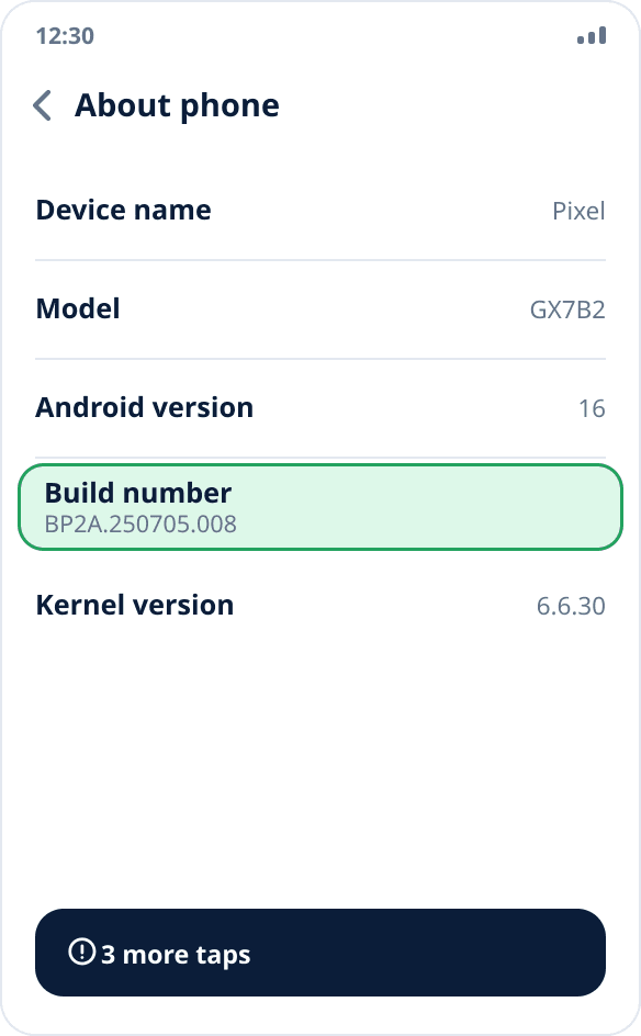 The “About phone” screen in Android settings: the “Build number” item is highlighted, with a hint about the remaining taps at the bottom