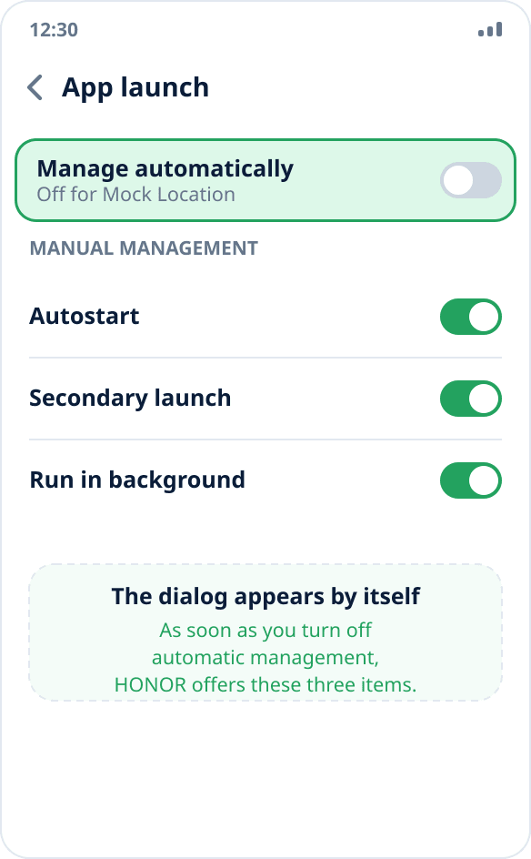 App launch management on HONOR: manual mode with auto-launch, secondary launch and run in background turned on