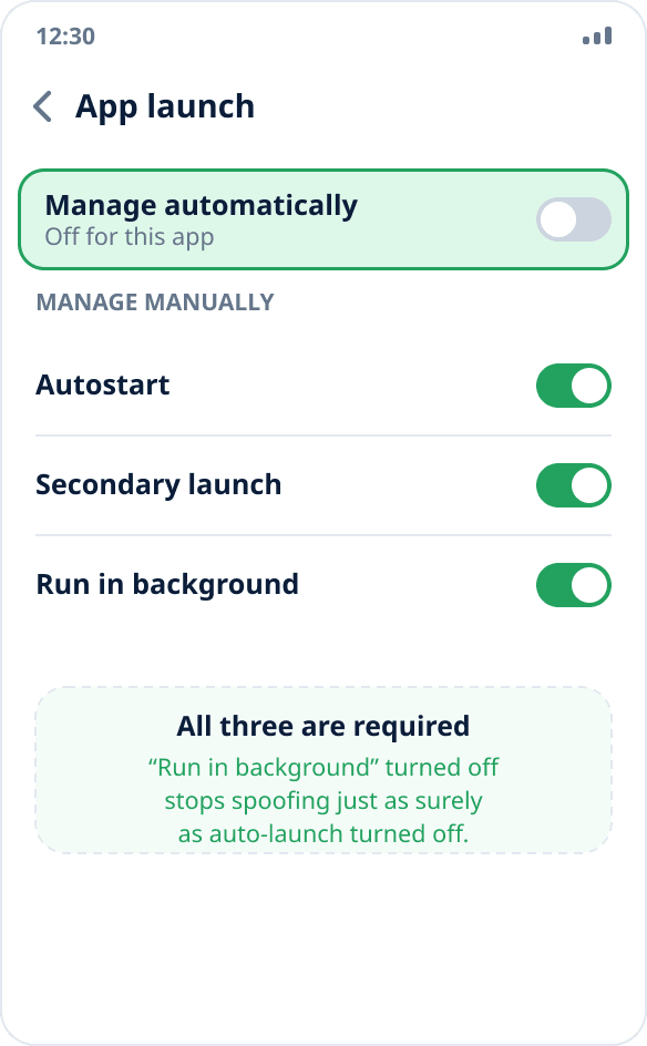 Huawei settings: automatic launch management is off for Mock Location, three switches are on