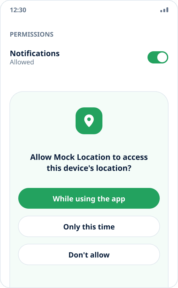 Android's system prompt asking for location access for Mock Location