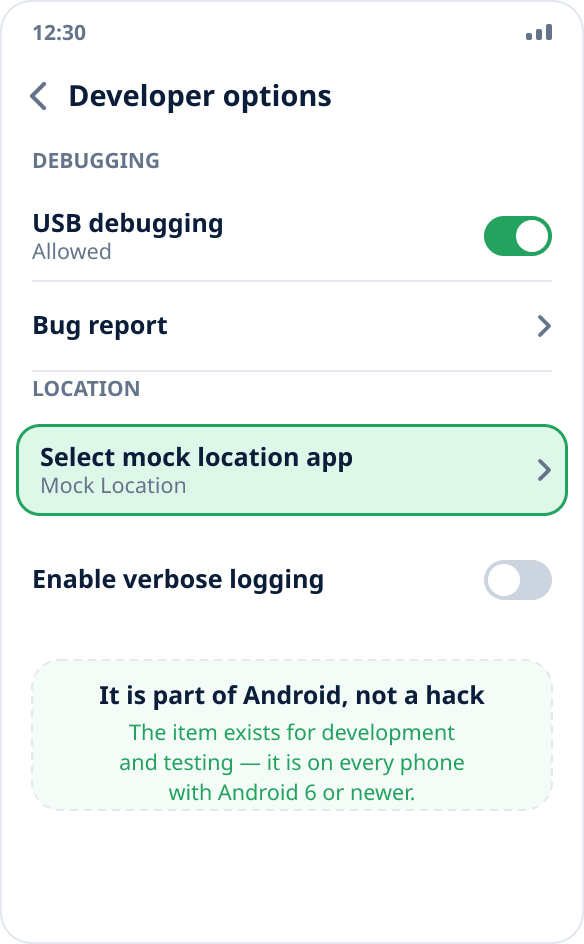 The “Select mock location app” item in Android developer options — next to USB debugging