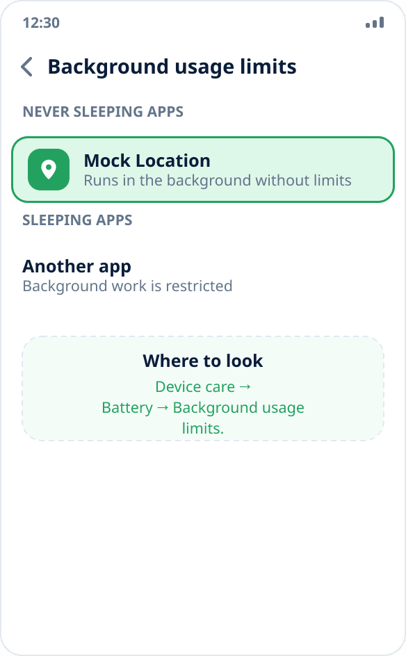 Samsung settings: Mock Location is added to the unrestricted list for background work