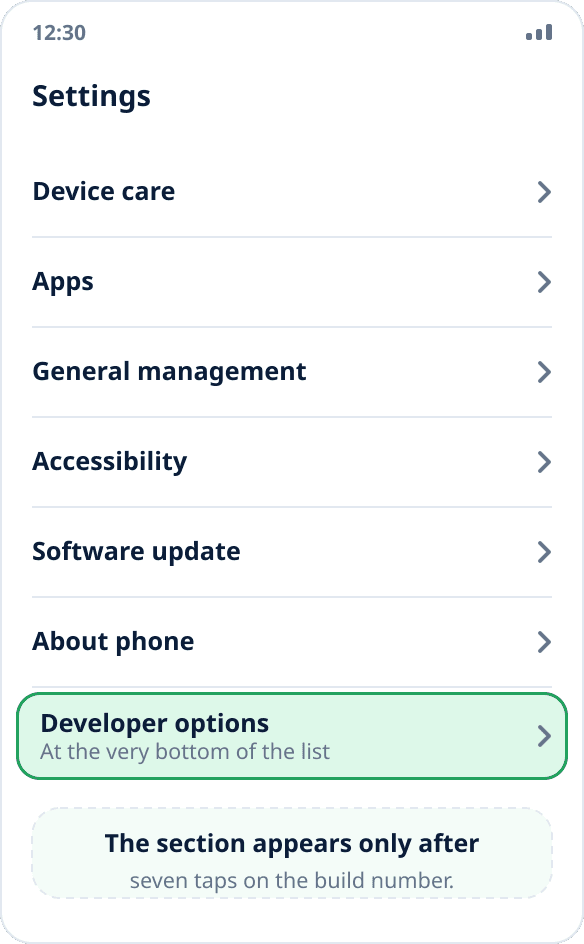 The main Samsung settings list: “Developer options” is at the very bottom