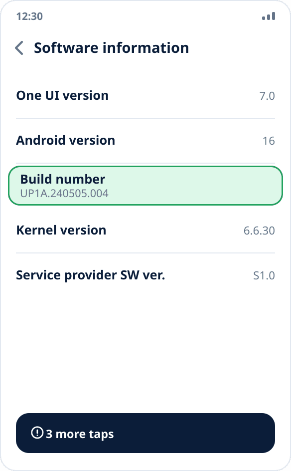 The “Software information” screen on Samsung: the “Build number” item to tap seven times is highlighted