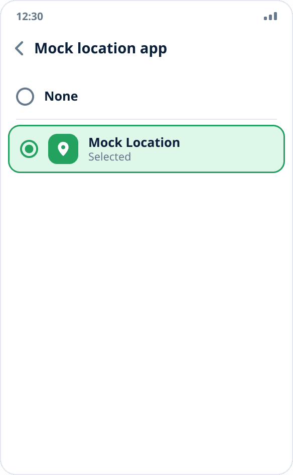Selecting the mock location app: Mock Location is checked, “None” is not selected