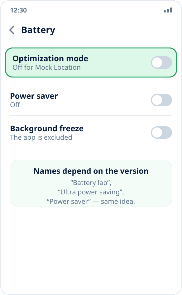 Battery settings on Tecno and Infinix: optimization and power saving are turned off for the app