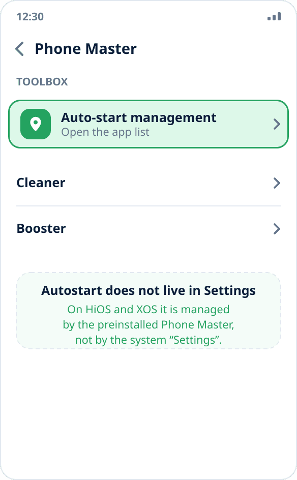 The Phone Master app on Tecno and Infinix: the “Auto-start management” section with the switch turned on