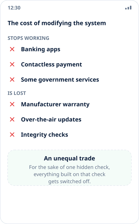 What stops working after unlocking the bootloader and getting root: banks, payments, government services, warranty and updates