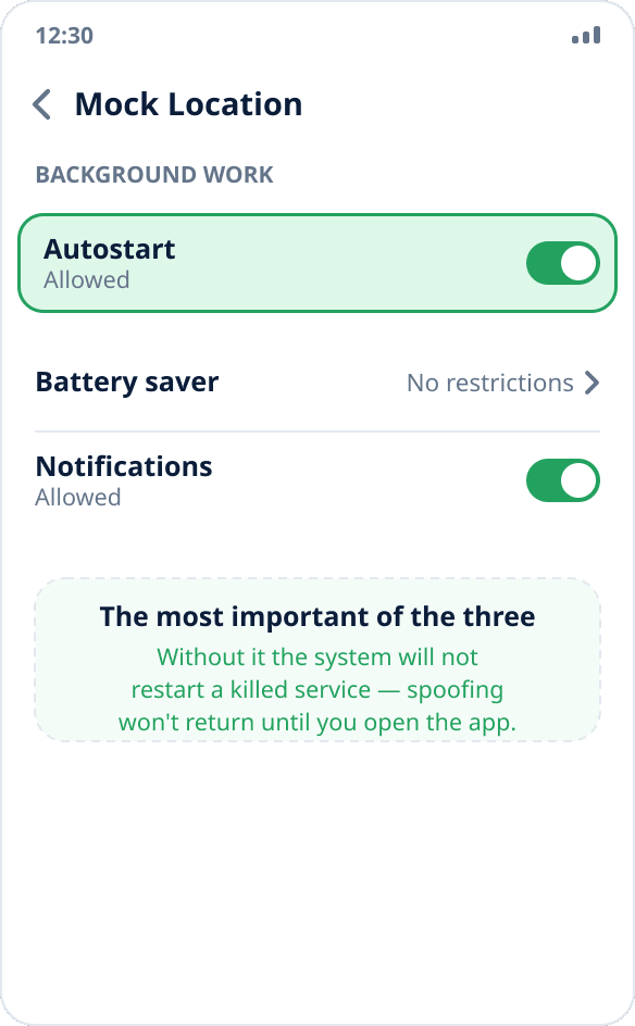 The app screen in MIUI settings: the “Autostart” switch is on