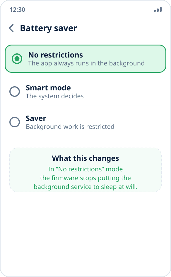 Choosing the app's battery saver mode: “No restrictions” is selected