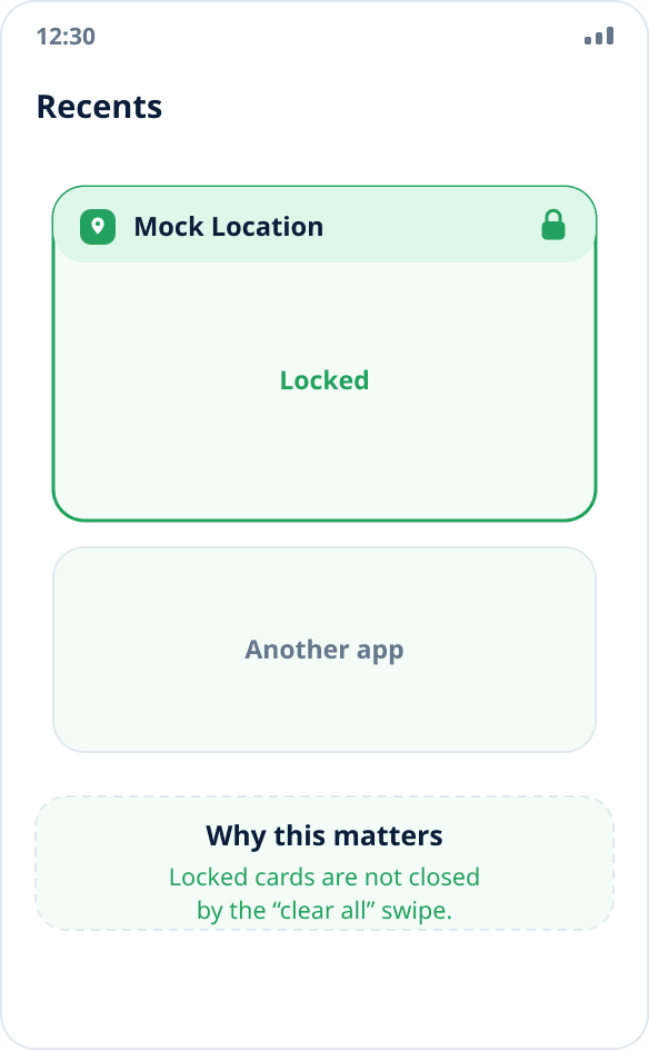 The recent apps list: the Mock Location card is locked with a lock icon and is not closed when clearing