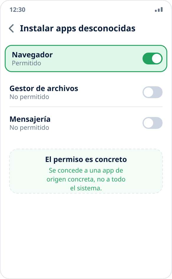 Ajustes de Android: el permiso «Permitir desde esta fuente» está activado para el navegador