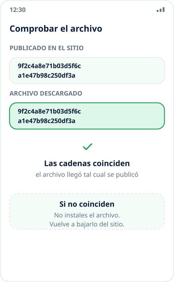 Comprobación de la suma: el hash del archivo descargado coincide con el publicado en el sitio