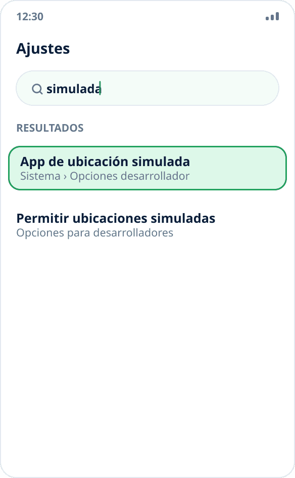 Búsqueda en los ajustes de Android con «simulada»: aparece «Elegir aplicación para simular ubicación»