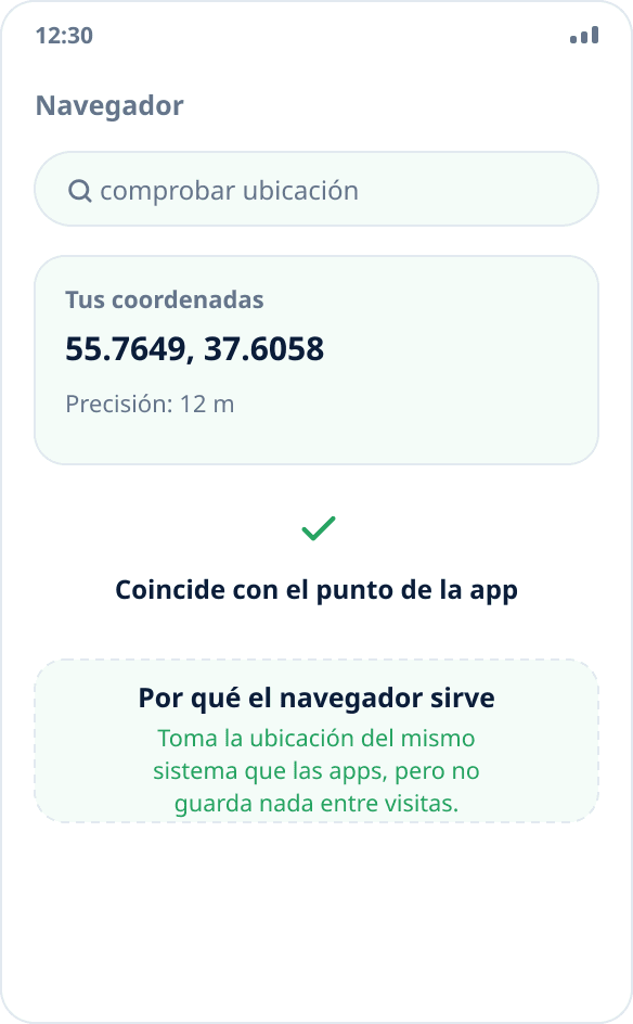 Comprobación de la ubicación en el navegador: la página muestra coordenadas que coinciden con el punto elegido