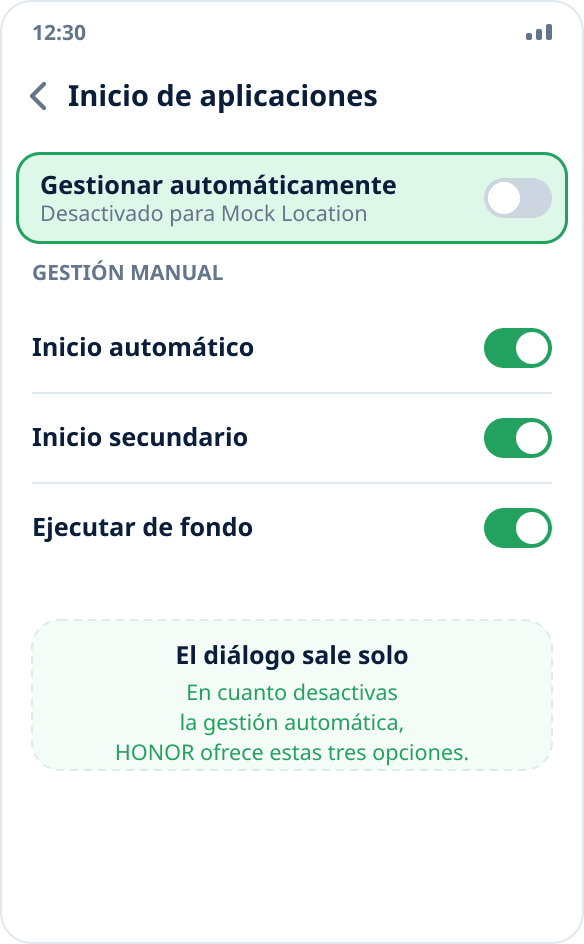 Gestión de inicio de la aplicación en HONOR: modo manual con inicio automático, inicio secundario y ejecución en segundo plano activados