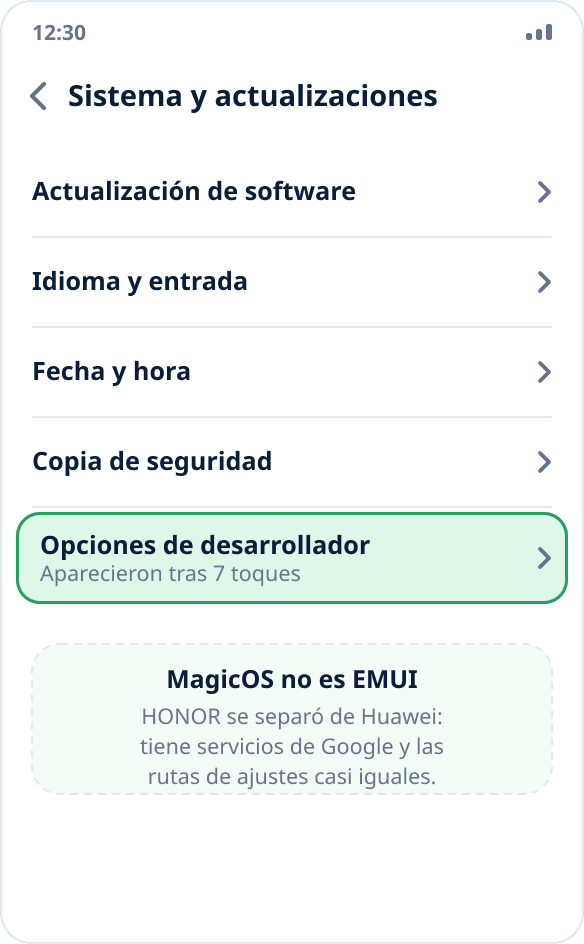 La sección «Sistema y actualizaciones» en HONOR: «Opciones de desarrollador» tras activar el modo