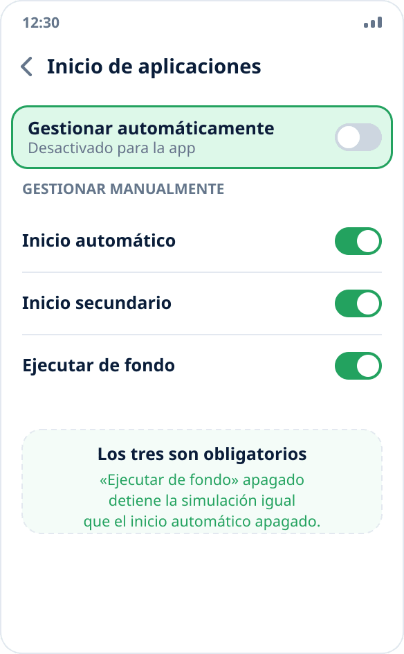 Ajustes de Huawei: la gestión automática de inicio está desactivada para Mock Location y los tres interruptores están activados