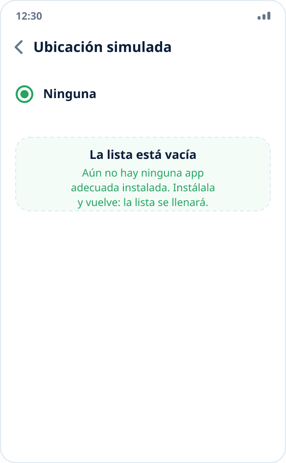 Lista vacía de aplicaciones de ubicación simulada: está elegido «Ninguna» y no hay ninguna aplicación adecuada instalada
