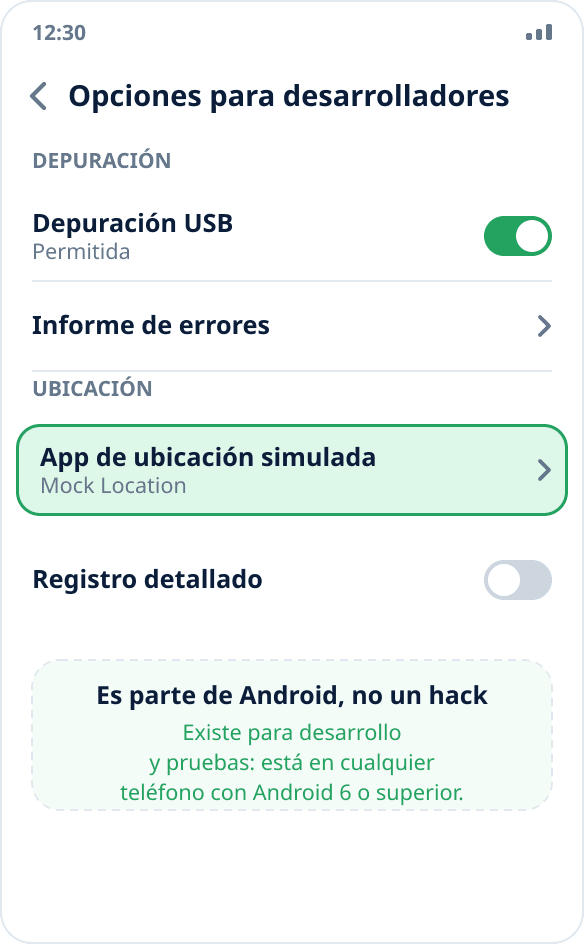 El elemento «Elegir aplicación para simular ubicación» en las opciones para desarrolladores de Android, junto a la depuración USB