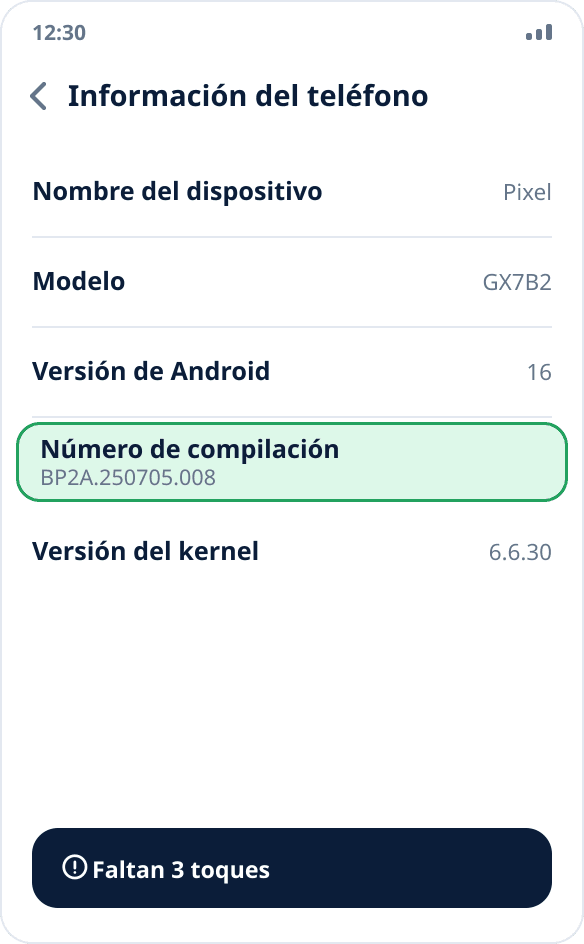 La pantalla «Información del teléfono» en los ajustes de Android: está resaltado «Número de compilación» y abajo hay un aviso con los toques que faltan