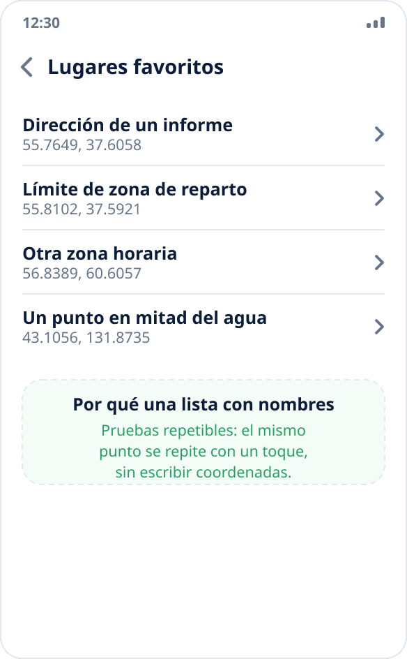 La lista de lugares favoritos en Mock Location: un conjunto de puntos de referencia para pruebas repetibles