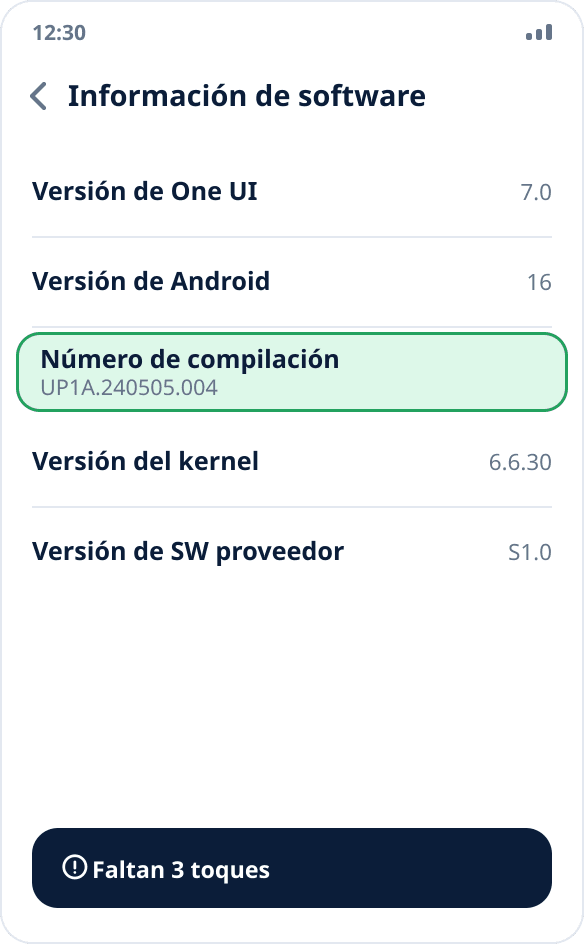 La pantalla «Información de software» de Samsung: está resaltado «Número de compilación», que hay que tocar siete veces