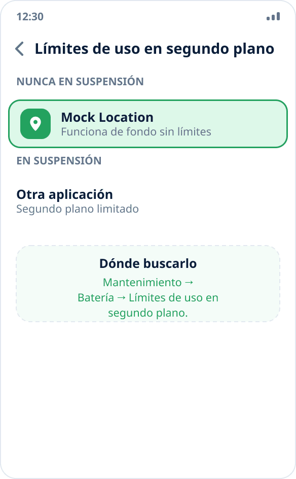 Ajustes de Samsung: Mock Location está en la lista de aplicaciones sin restricciones en segundo plano