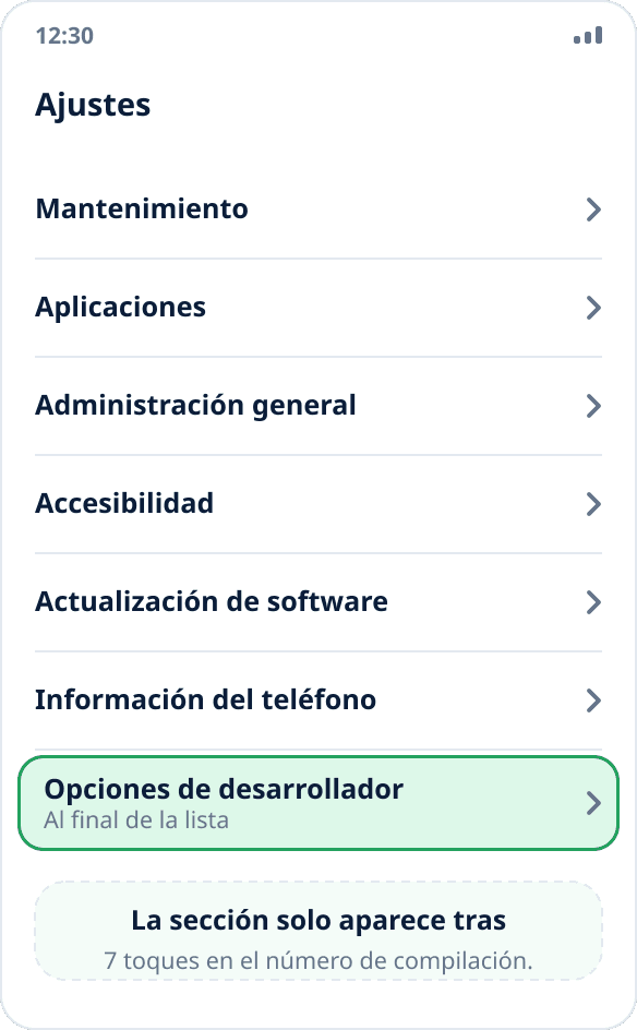 La lista principal de ajustes de Samsung: «Opciones de desarrollador» está al final
