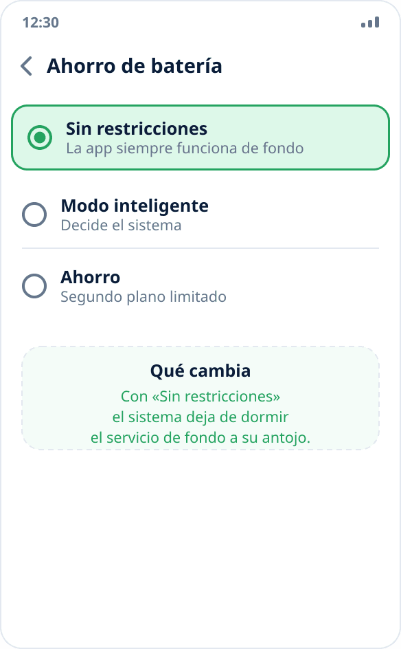 Elección del modo de ahorro de batería de la aplicación: está marcado «Sin restricciones»